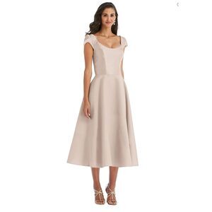 Alfred Sung Puff Cap Sleeve Full Skirt Satin Midi Dress D798 Cameo 16 R Plus